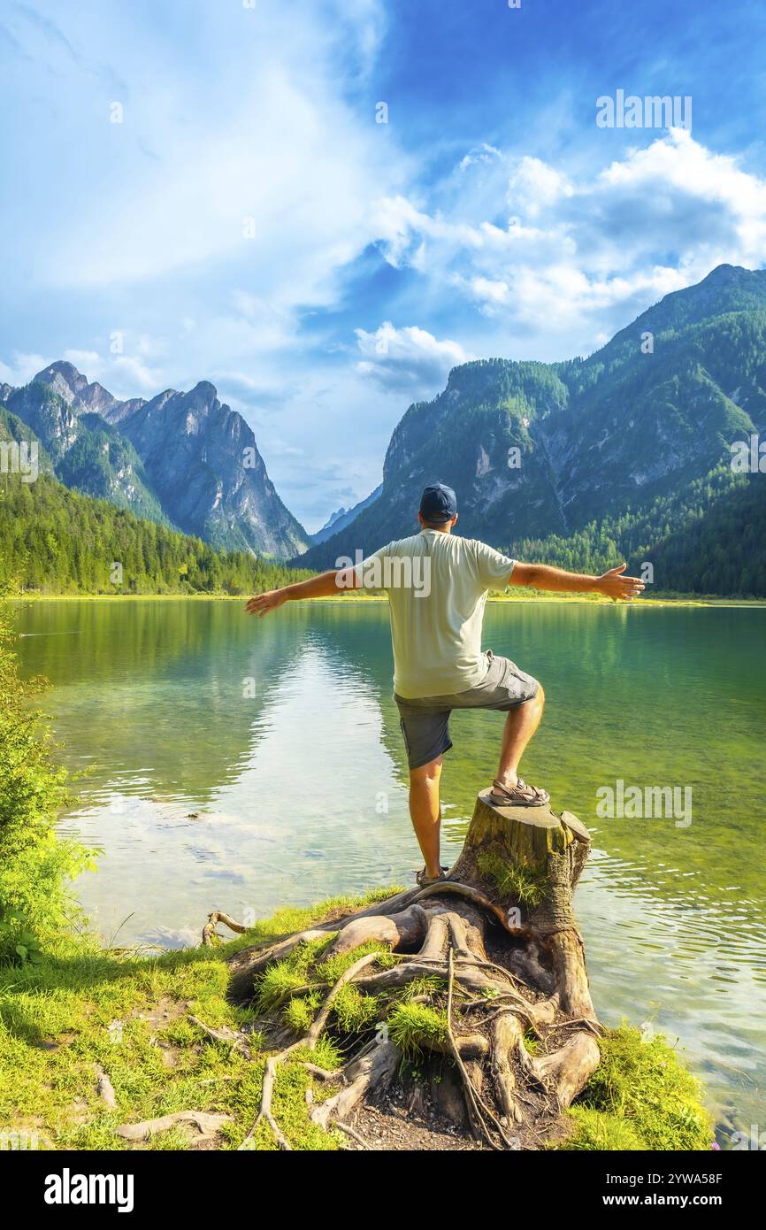 Turista in piedi su un ceppo d'albero, che abbraccia la splendida vista del lago dobbiaco e delle dolomiti in una bella giornata estiva Foto Stock