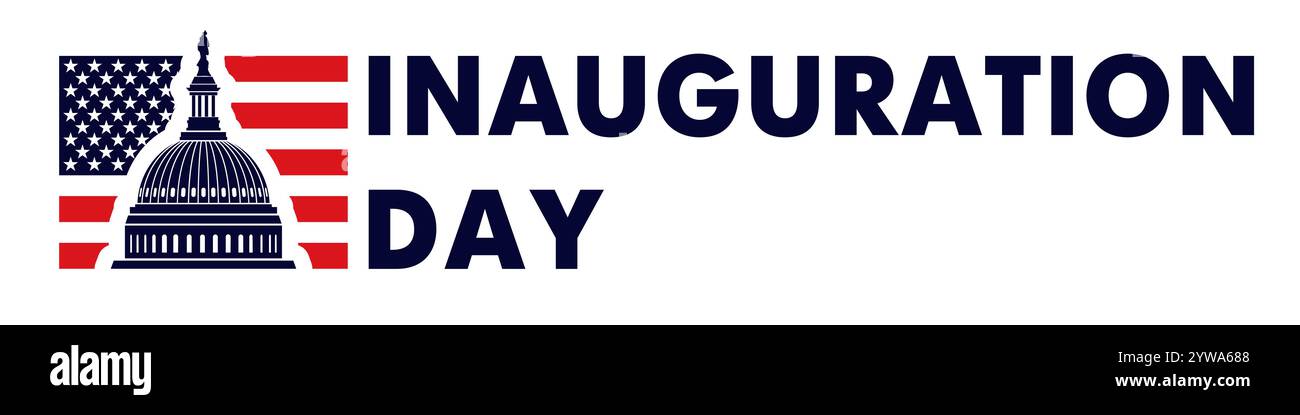 Banner del giorno dell'inaugurazione con il Campidoglio degli Stati Uniti sulla bandiera degli Stati Uniti. Presidential Inauguration Day, 20 gennaio 2025. Infografica vettoriale Illustrazione Vettoriale