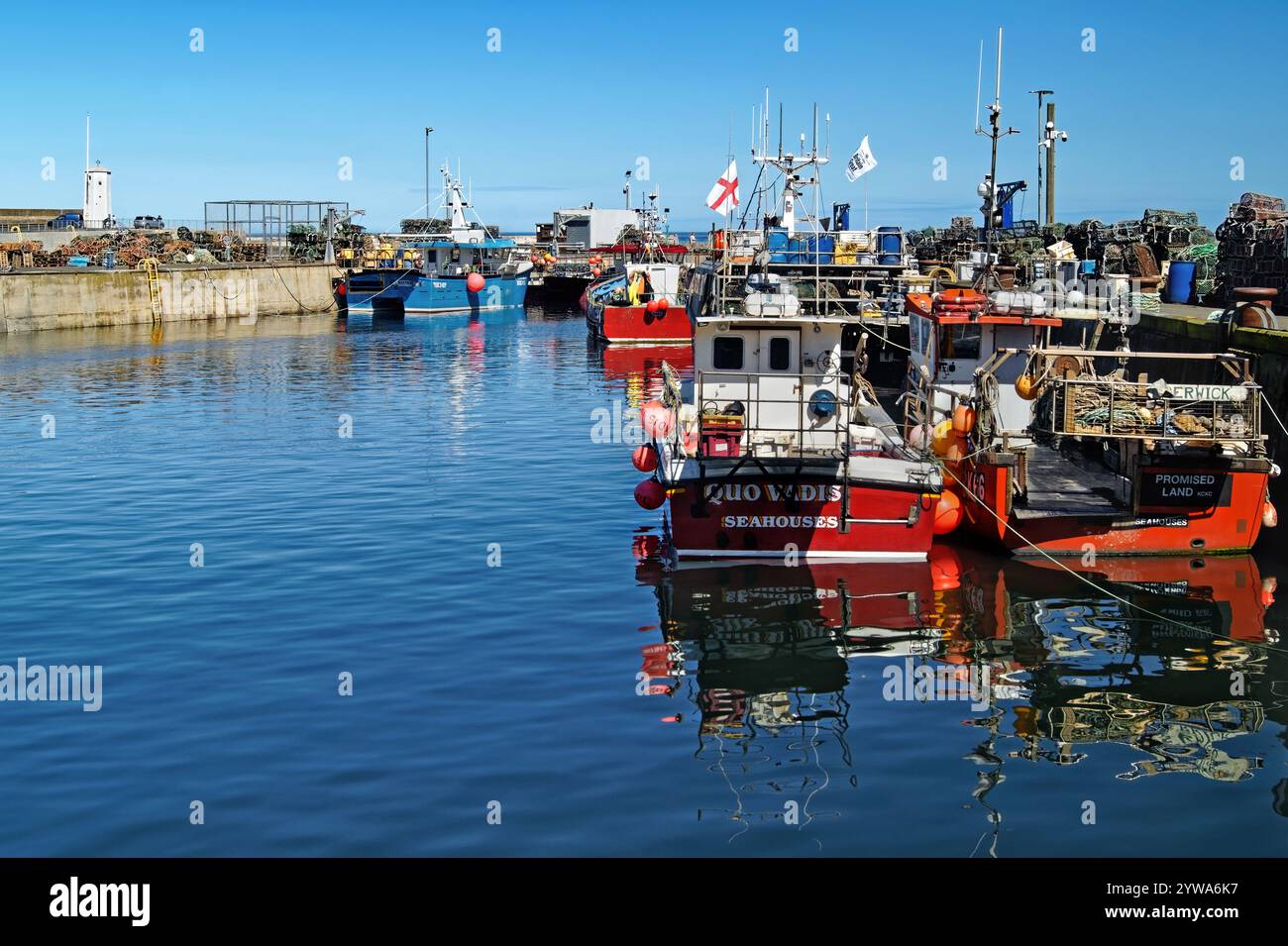 Regno Unito, Northumberland, Seahouses, North Sunderland Harbour, Inner Harbour e pescherecci da traino. Foto Stock