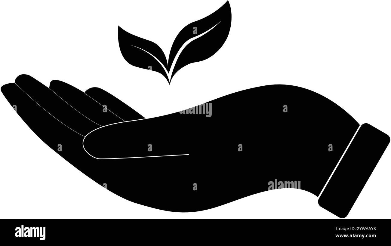 Etichetta foglie in mano, impianto di tenuta a mano, etichetta salva terra, cartello verde per la cura della natura, cartello ecologico Illustrazione Vettoriale