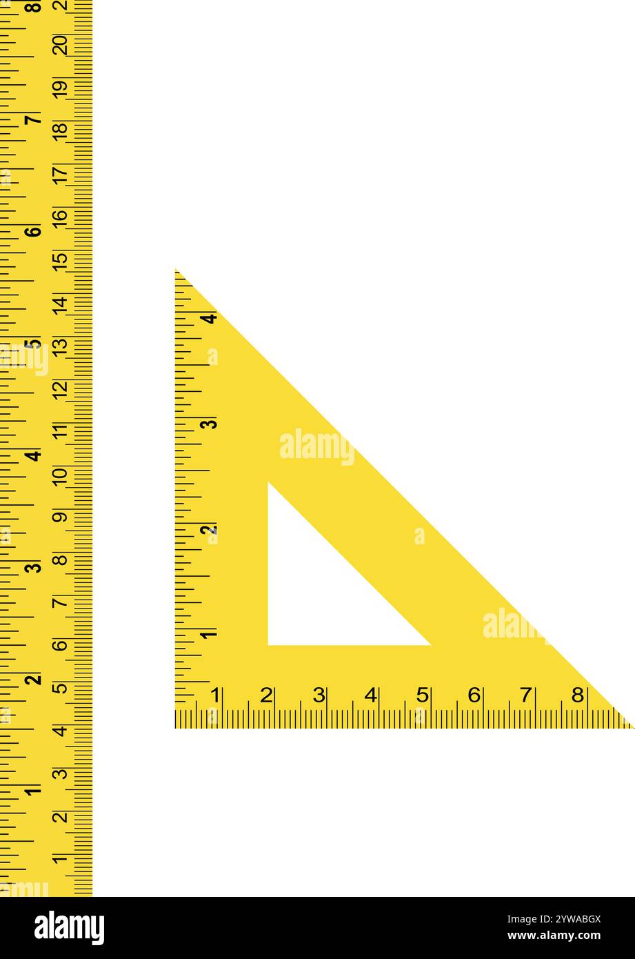 Nastro di misurazione, nastro triangolare giallo, scale in pollici e cm, nastro di misurazione su misura, strumento di misurazione giallo Illustrazione Vettoriale