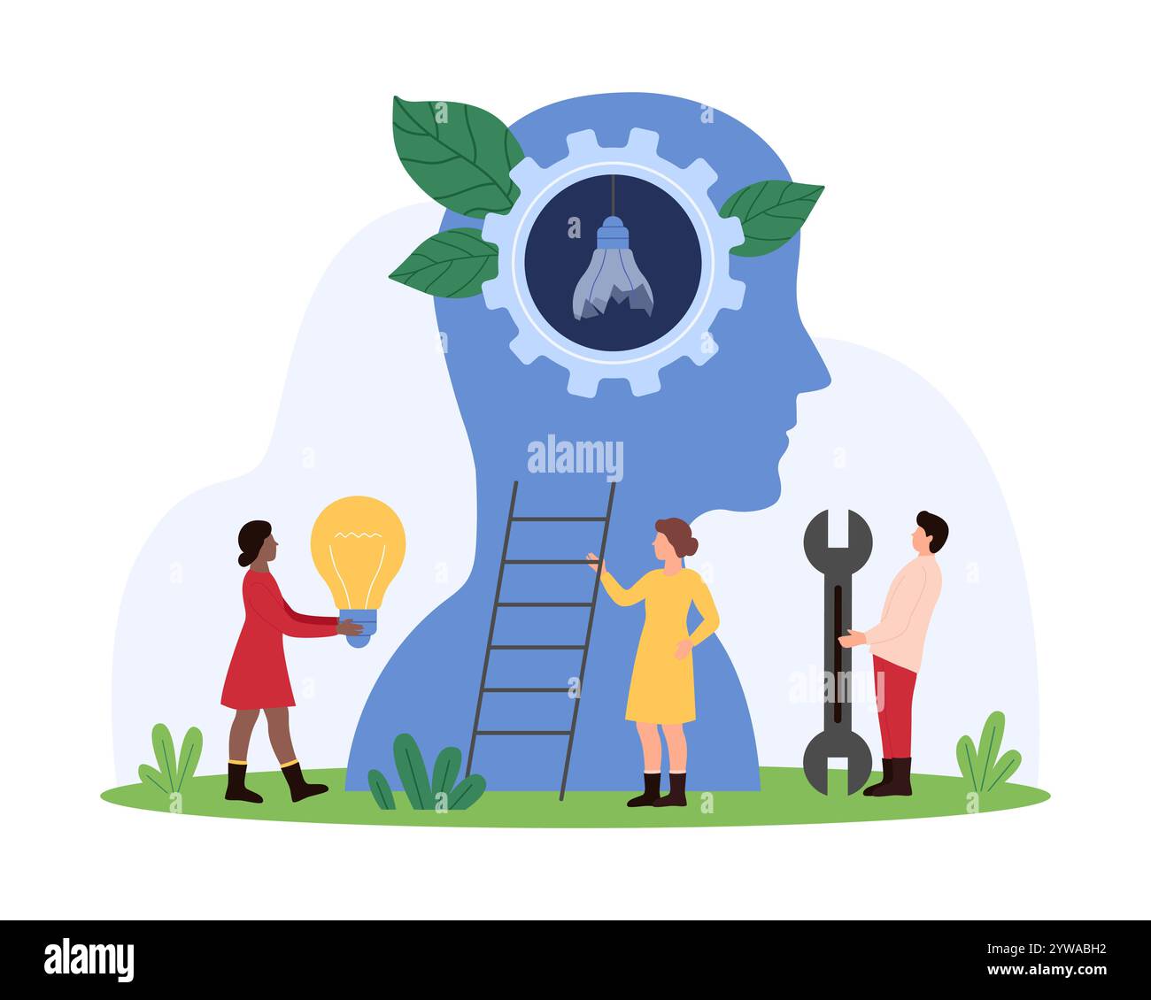 Incremento della produttività, metodo efficace di sviluppo delle competenze per l'imprenditore, leadership. Le persone più piccole cambiano la lampadina rotta all'interno della testa umana del leader in una luminosa illustrazione vettoriale di un cartone animato Illustrazione Vettoriale