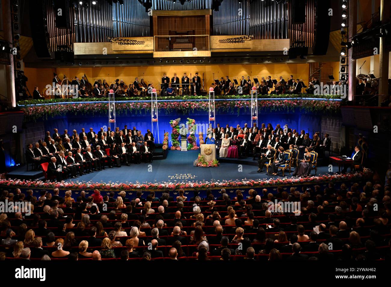 I premi Nobel di quest'anno della sinistra fisica John J. Hopfield, fisica Geoffrey Hinton, chimica David Baker, chimica Demis Hassabis, chimica John Jumper, Physiology or Medicine Victor Ambros, Physiology or Medicine Gary Ruvkun, Literature Han Kang, Economics Daron Acemoglu, Economics Simon Johnson e Economics James A. Robinson, and to the right, The Royal Family, Queen Silvia, Prince Daniel, King Carl Gustaf e Crown Princess Victoria alla cerimonia di premiazione del Premio Nobel alla Concert Hall di Stoccolma, Svezia il 10 dicembre 2024. Foto: Pontus Lundahl/TT/codice 10050 Foto Stock