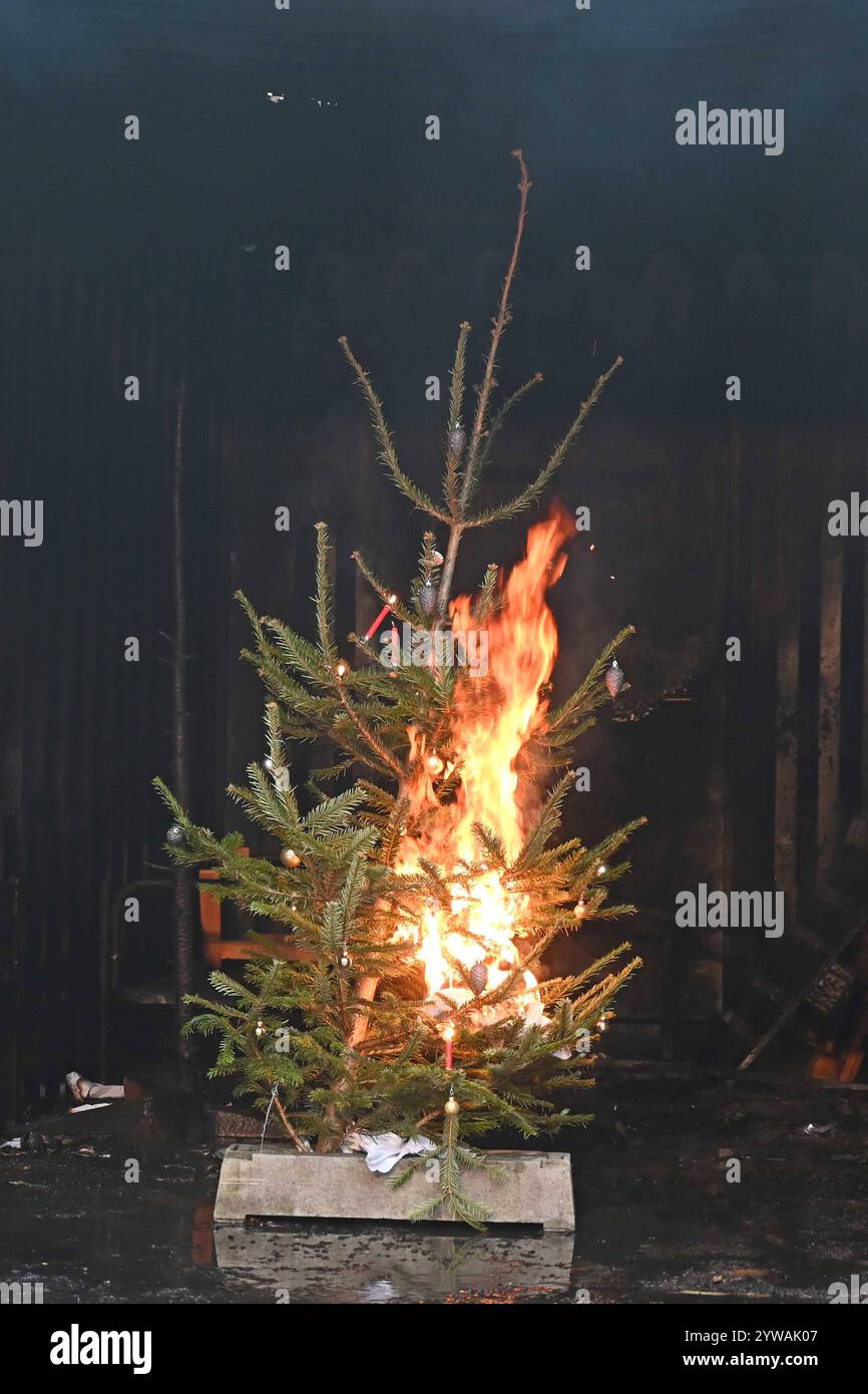 AM Dienstagnachmittag führte die Feuerwehr Hamburg eindrucksvoll vor Augen, wie schnell ein brennender Weihnachtsbaum oder ein Adventsgesteck zur Gefahr werden kann. Dabei Beamte des Trainingszentrums und Lehrgangsteilnehmer ein Wohnzimmer in einen Überseecontainer. Schon kurze Zeit, nach dem Anzünden des Baumes standen bereits Die Coach und der Wohnzimmertisch in Flammen. Dichter schwarzer Brandrauch drang aus dem fiktiven Wohnraum. DAS Löschen mit einem Eimer Wasser oder haushaltsüblichen Kleinlöschern zu diesem Zeitpunkt bereits unmöglich, wie der test simulierte. In der Entstehung des Feue Foto Stock