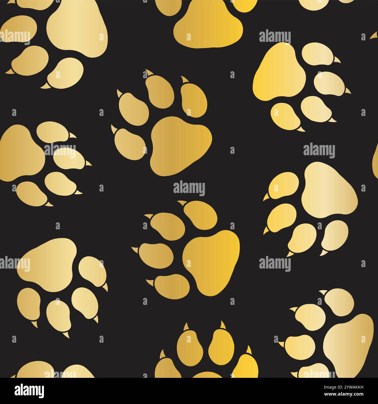 La simpatica zampa dorata del cane stampa con artigli su sfondo nero con motivo vettoriale senza cuciture. Illustrazione vettoriale Illustrazione Vettoriale