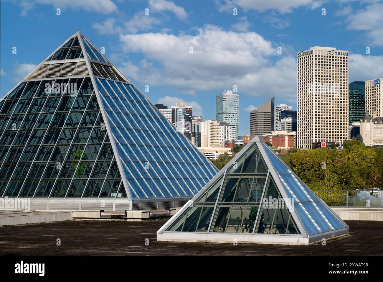 Piramidi del Conservatorio di Muttart di fronte allo skyline nel centro di Edmonton, Alberta Foto Stock