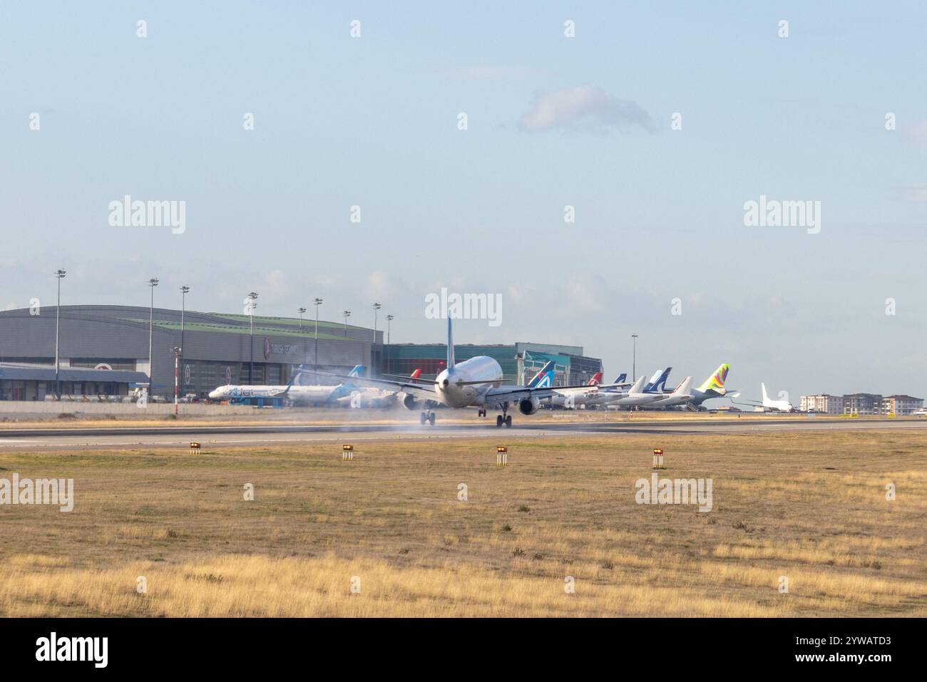 Un aereo commerciale atterra sulla pista con fumo visibile proveniente dagli pneumatici, circondato da altri aerei e dal terminal dell'aeroporto sotto un blu chiaro. Foto Stock