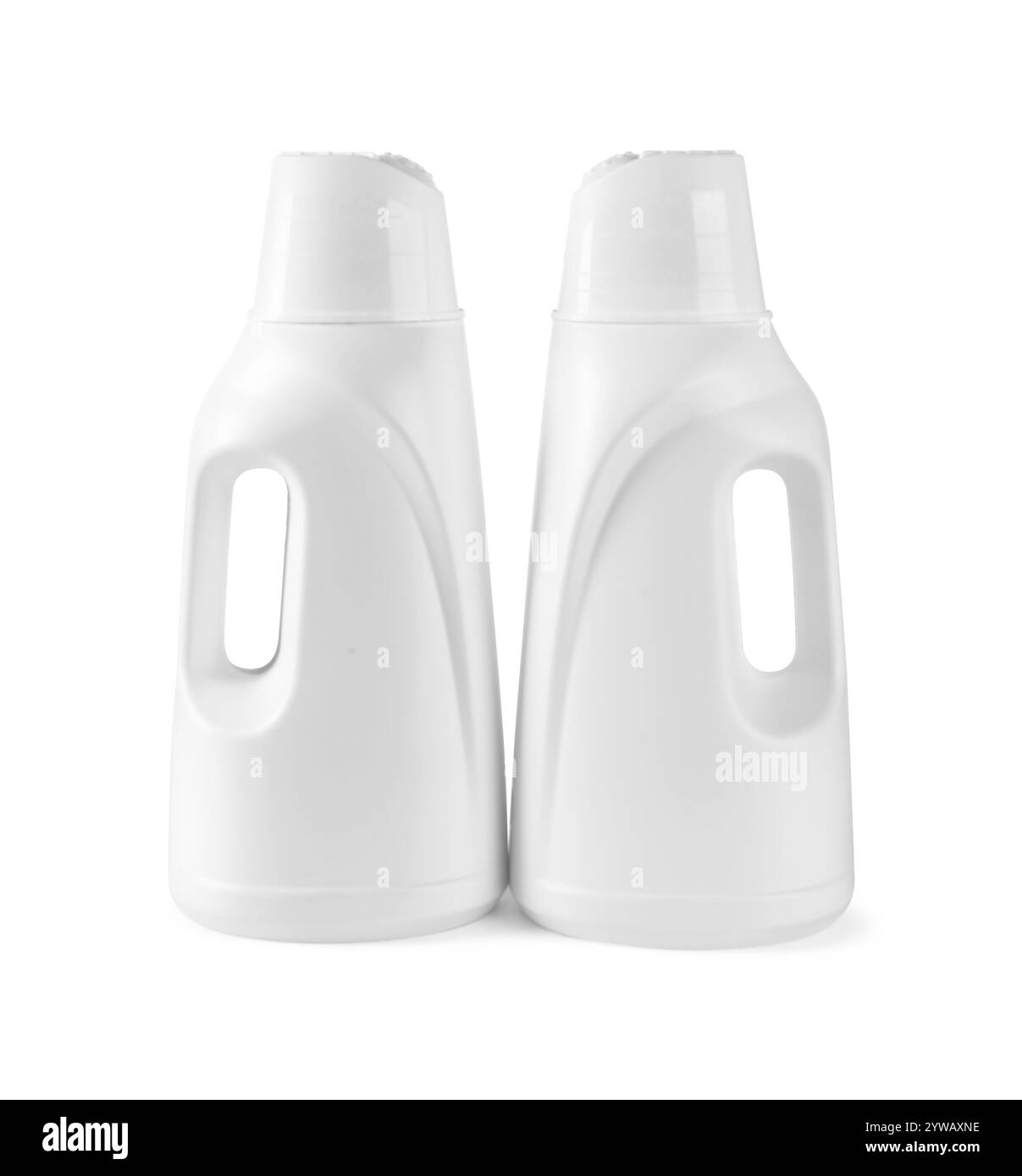 Bottiglie con detersivo per bucato isolato su bianco Foto Stock