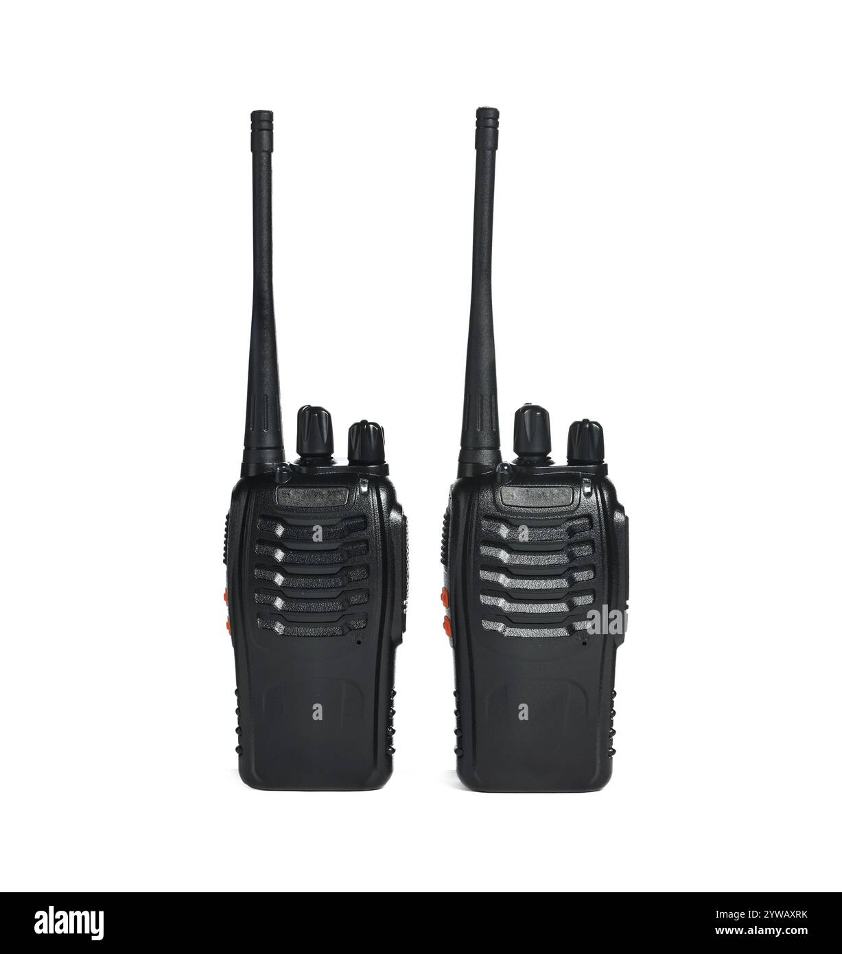 Due walkie talkie neri isolati sul bianco Foto Stock