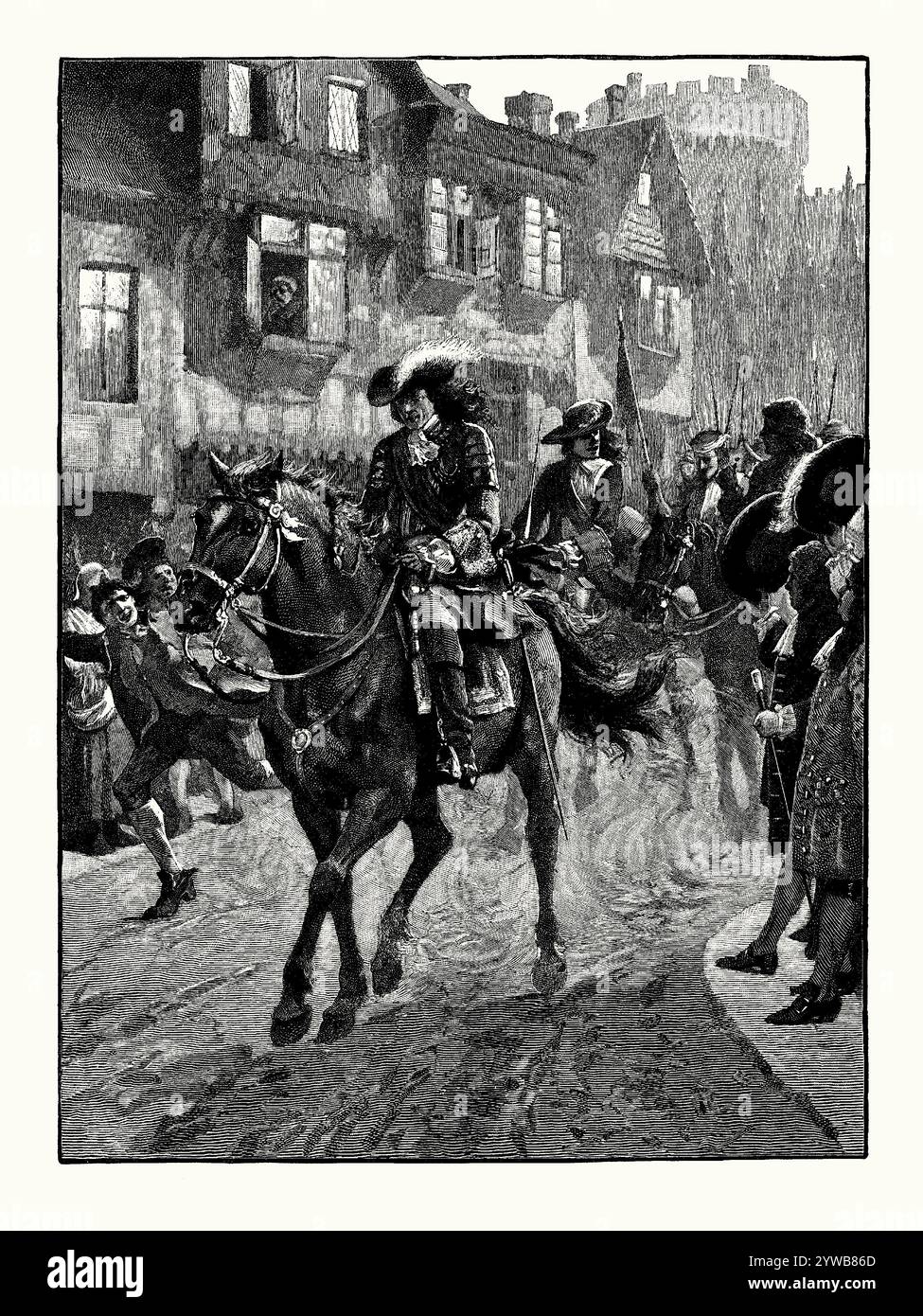 Una vecchia incisione di re Giacomo II d'Inghilterra che arrivò a Dublino dopo la sconfitta delle sue truppe nella battaglia del Boyne da parte delle forze di re Guglielmo III nel 1690. È tratto da un libro di storia vittoriana del 1900 circa. I due eserciti si incontrarono presso il fiume Boyne, nella contea di Meath il 1 luglio 1690. La conseguente “Battaglia del Boyne”, un evento famoso nella storia irlandese, a causa del suo confronto cattolico/protestante. Il protestante Guglielmo vinse la battaglia perdendo 400 uomini contro i 1.300 di Giacomo. James partì immediatamente per Dublino e successivamente fuggì in Francia. Foto Stock