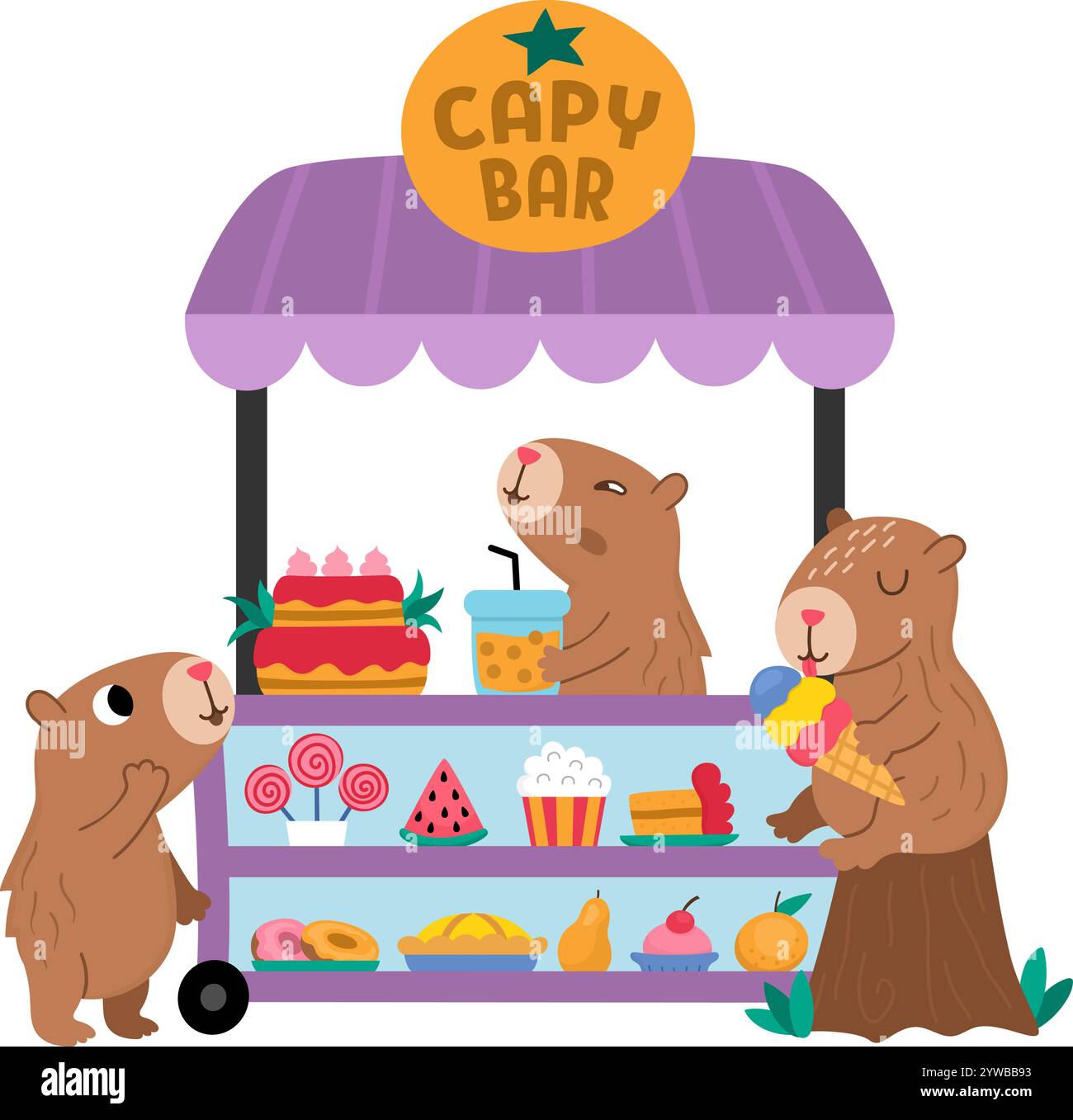 Capybaras vettoriali seduti nel carrello con ruote. Negozio di caramelle con l'icona della capibaras. I cartoni animati mostrano adorabili animali. P Illustrazione Vettoriale