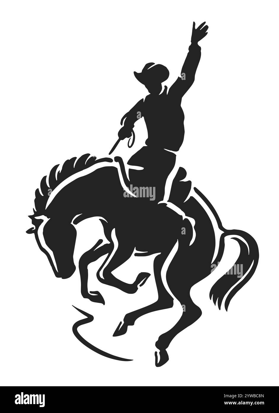 Cowboy su cavallo selvaggio, silhouette. Rodeo Competition, emblema, simbolo o logo per sport estremi Illustrazione Vettoriale