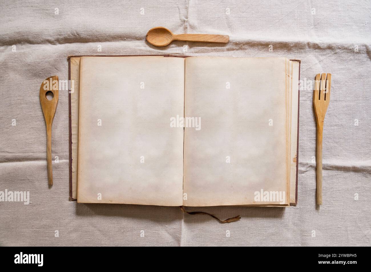 Vecchi fogli di libri vuoti aperti e vuoti, sfondo del tema di cottura dei libri danneggiato Foto Stock