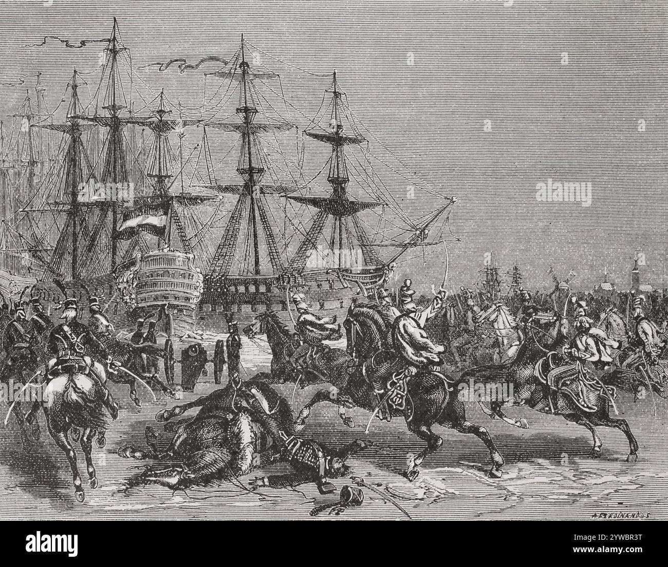 Guerre rivoluzionarie francesi. Prima coalizione (1792-1797). Cattura della flotta olandese a Den Helder, 21 gennaio 1795. Il generale Jean-Guillaume de Winter (1761-1812), al comando delle truppe francesi composte da uno squadrone dell'8th Hussar Regiment e da truppe di fanteria, assalì la flotta olandese che era bloccata nei ghiacci. Disegno di A. Ferdinandus. Incisione. "Storia della Rivoluzione francese". Volume i, parte 2, 1879. Foto Stock