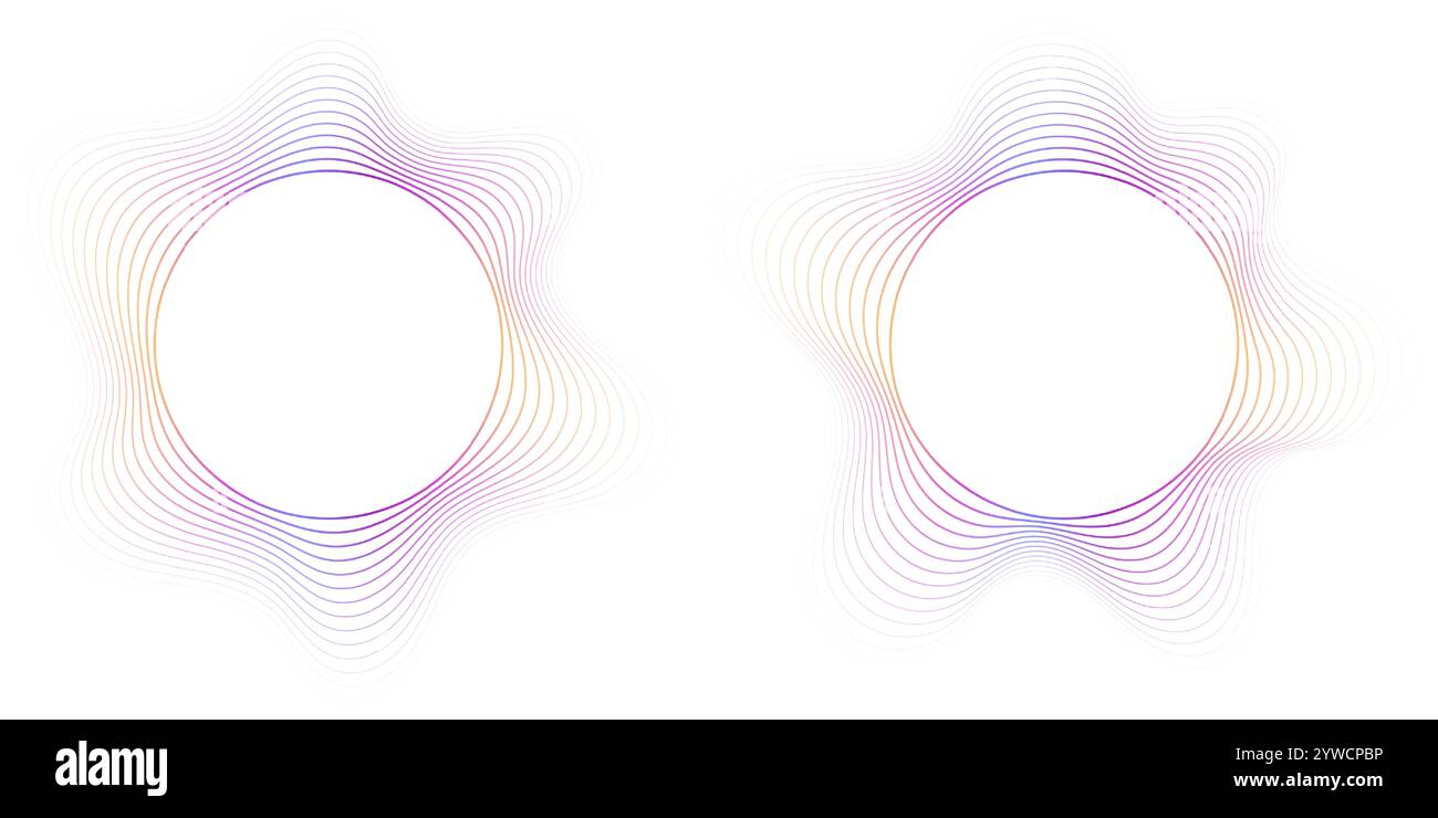 Cornici a onde sonore rotonde, pattern di linee circolari, forme curve radiali, design geometrico concentrico. Illustrazione Vettoriale