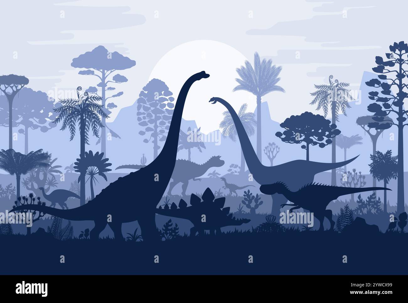 Foresta pluviale tropicale con sagome di dinosauri preistorici nella foresta della giungla, sfondo vettoriale. Dinosauri, lucertole e rettili si modellano nella foresta pluviale giurassica per il museo o l'atlante paleontologico Illustrazione Vettoriale