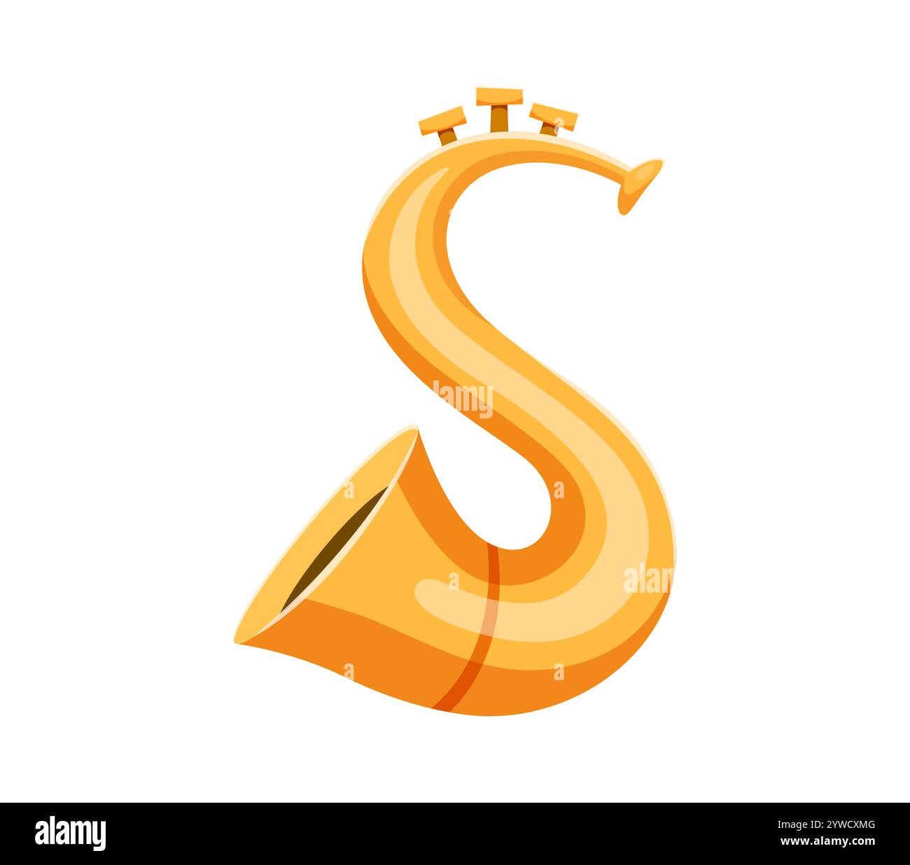 Lettera S del carattere dello strumento musicale del clacson o del sassofono. Attrezzatura classica del festival del suono simbolo inglese ABC, musicista strumento musicale acustico o orchestra corno d'ottone alfabeto caratteri vettoriali Illustrazione Vettoriale