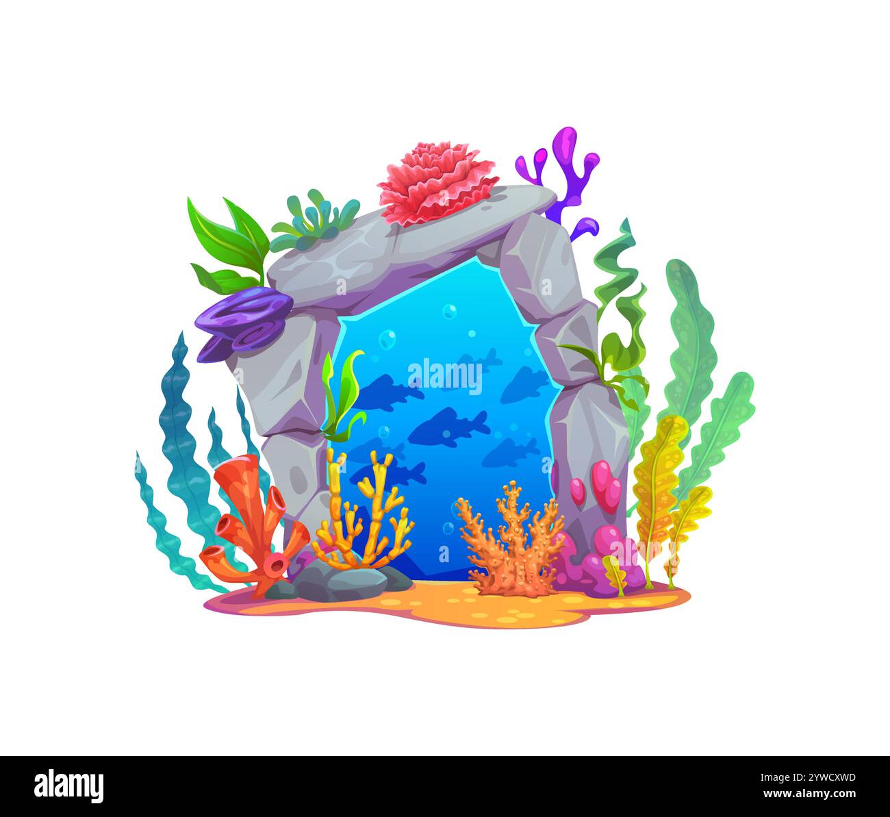 Gioco di magia, portale sottomarino, cancello e porta in pietra. La porta mistica vettoriale dei cartoni animati invita all'avventura per scoprire regni e tesori nascosti nelle profondità dell'oceano e scoprire segreti sotto le onde Illustrazione Vettoriale