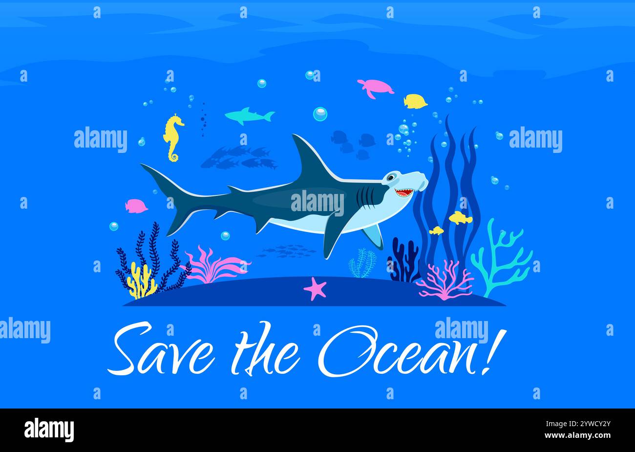 Bandiera World Oceans Day con squalo martello sott'acqua, sfondo vettoriale. Giornata mondiale degli oceani per la conservazione dell'ecologia marina, gli animali sottomarini e la protezione dei pesci della barriera corallina Illustrazione Vettoriale