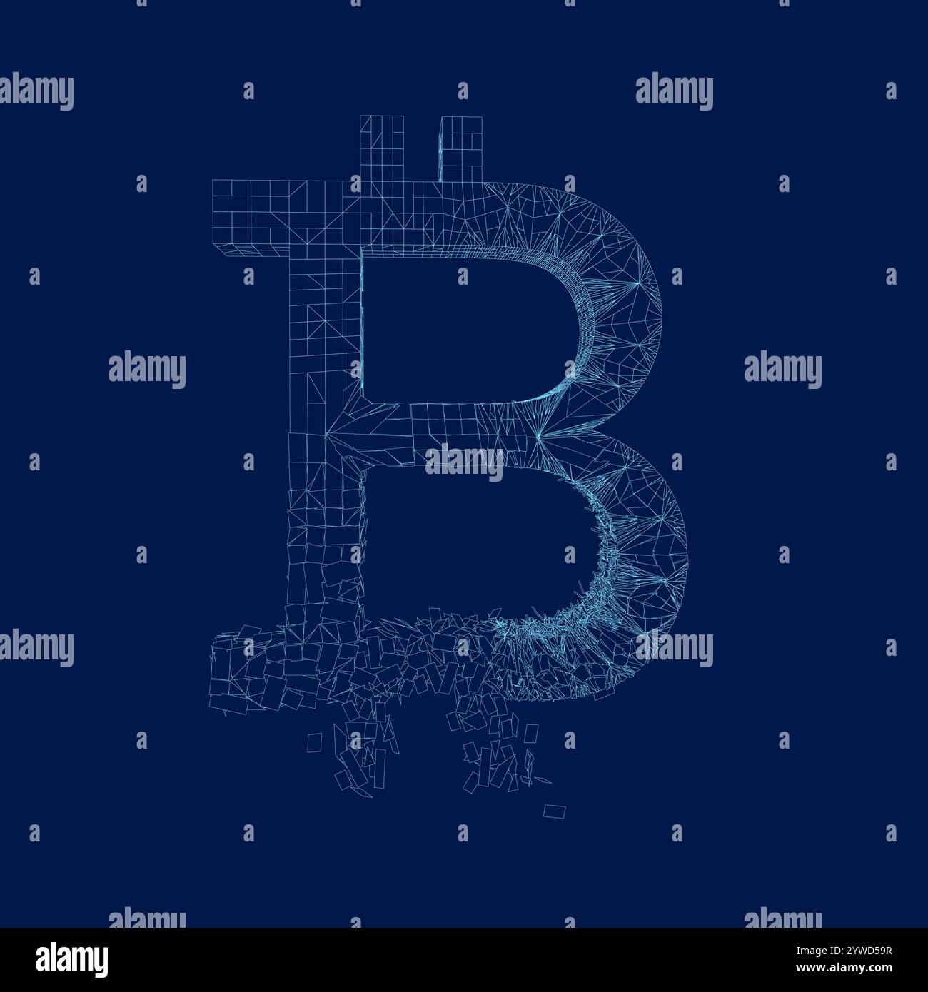 Icona vettoriale del simbolo bitcoin della linea fratturata con illustrazione vettoriale dell'effetto di distruzione. L'effetto di abrasione delle linee per il simbolo bitcoin mostra la velocità e i movimenti Illustrazione Vettoriale