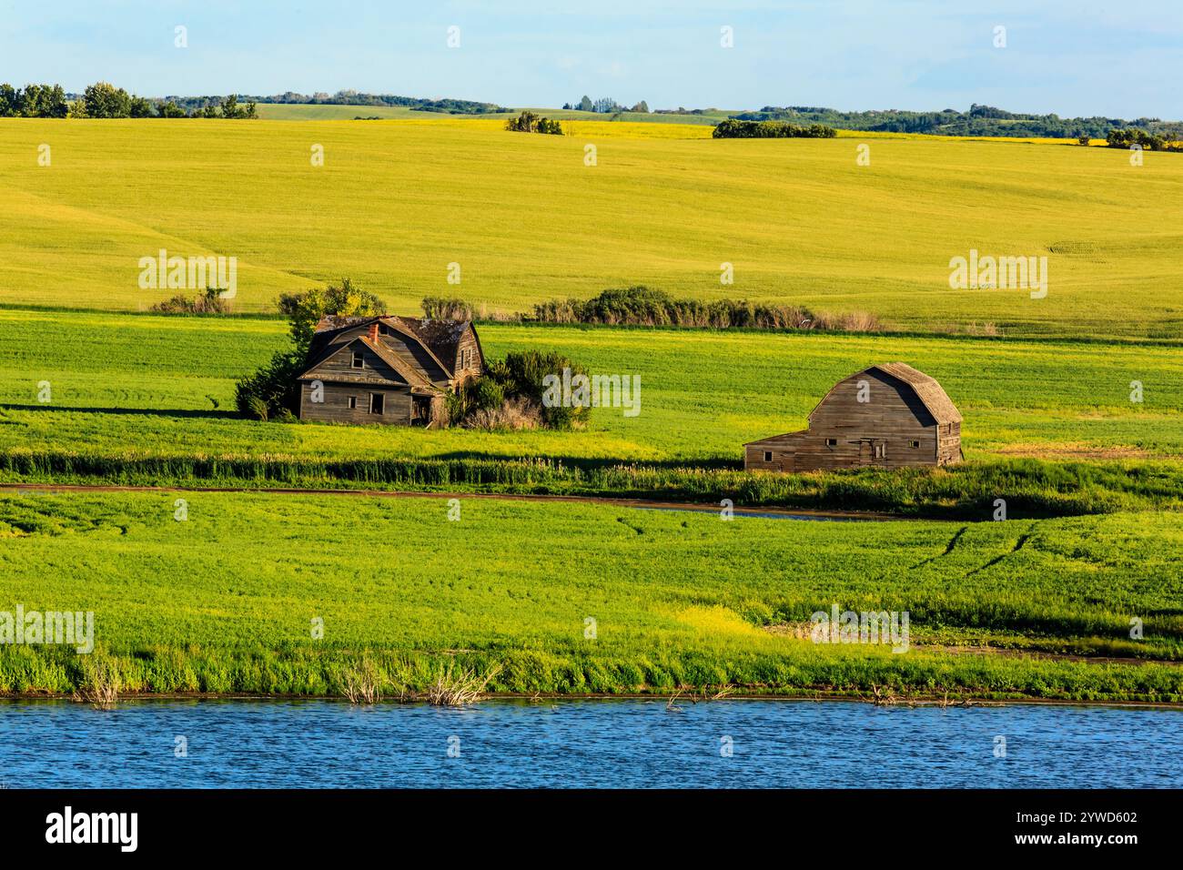 Una piccola fattoria con un paio di vecchie case e un fienile. Il fienile è in mezzo al campo Foto Stock
