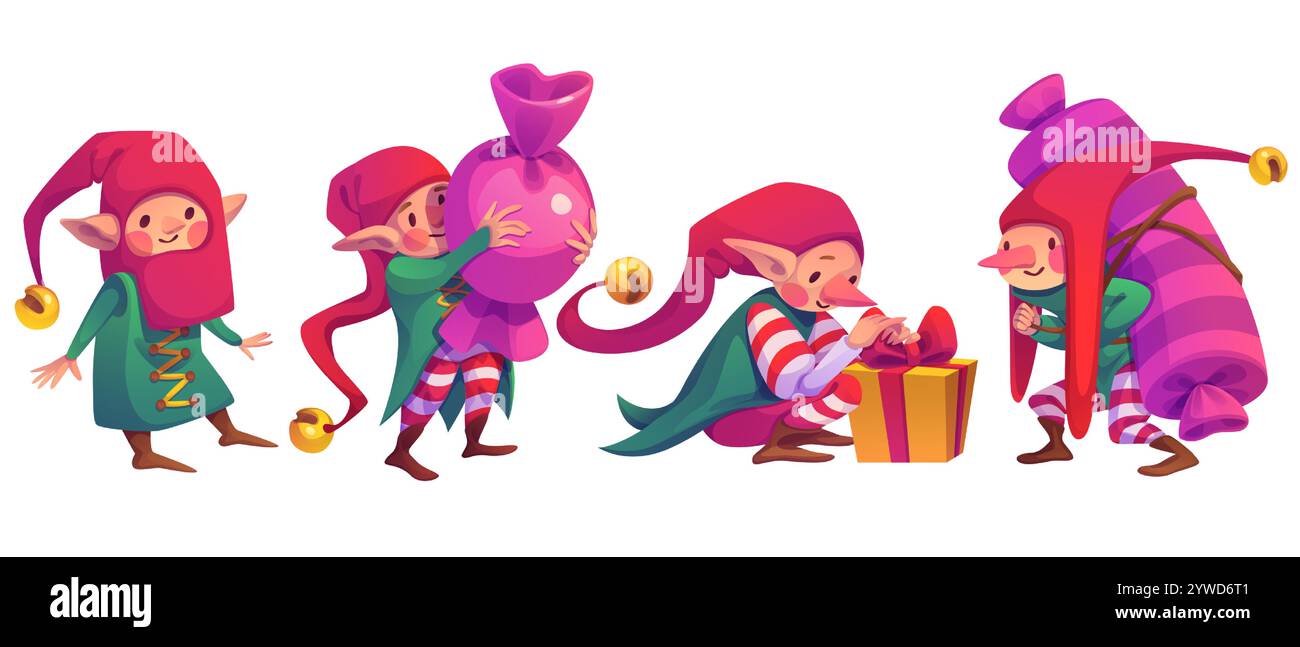 Elfi natalizi isolati su sfondo bianco. Illustrazione vettoriale di gnomi sorridenti in cappelli rossi con campane, caramelle da trasporto, confezione regalo con fiocco rosso, personaggi da favola Illustrazione Vettoriale
