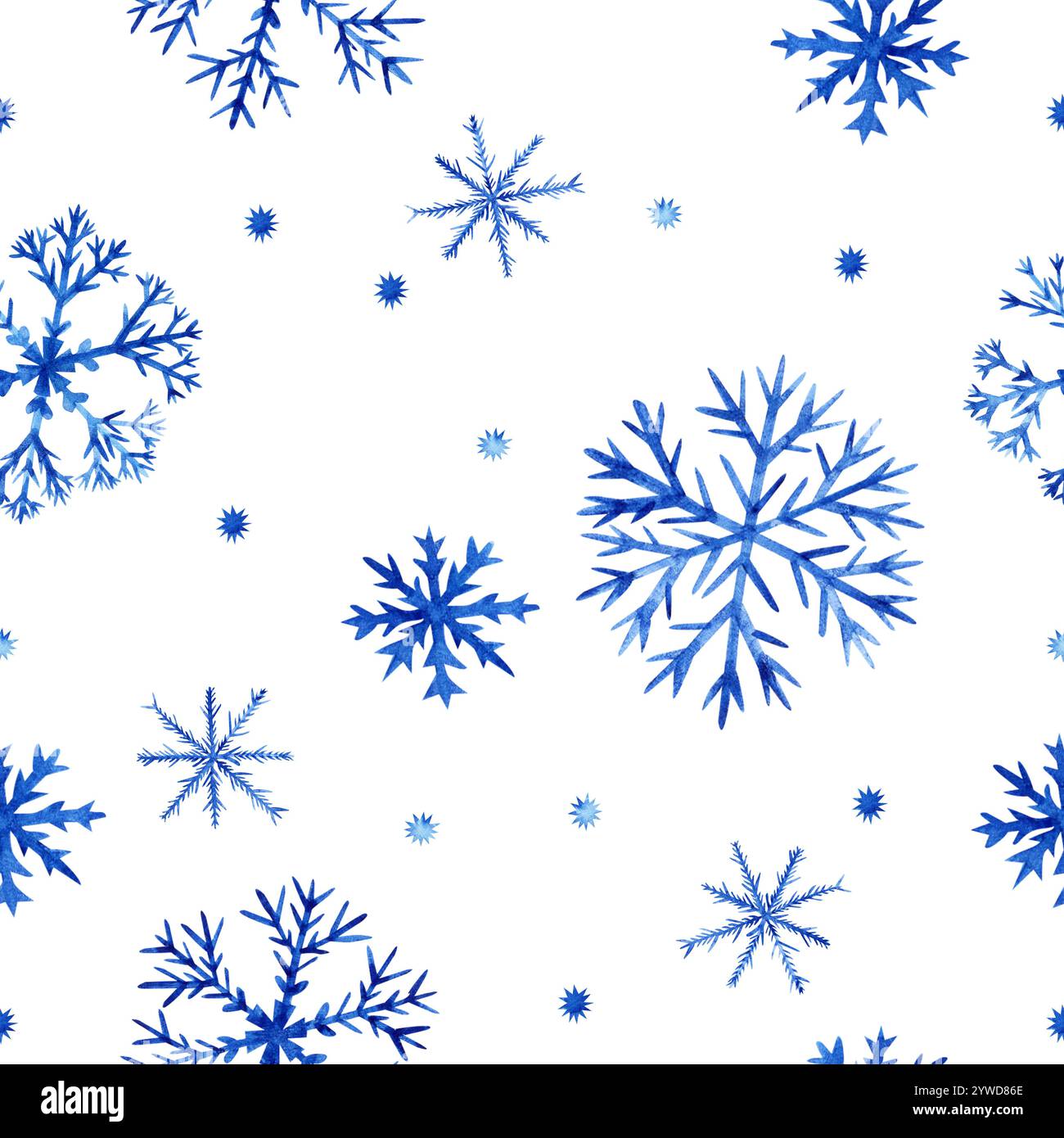 Motivo fiocco di neve senza cuciture. L'illustrazione è realizzata con la tecnica dell'acquerello. Soffici fiocchi di neve blu su sfondo trasparente per il tuo design. Foto Stock