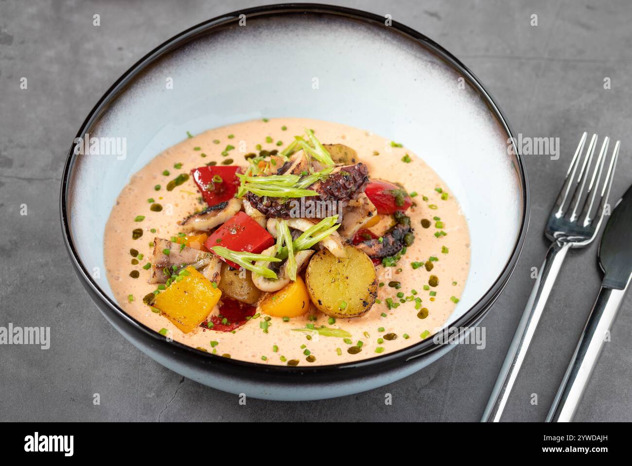Polpo alla griglia con salsa cremosa, patate e verdure Foto Stock