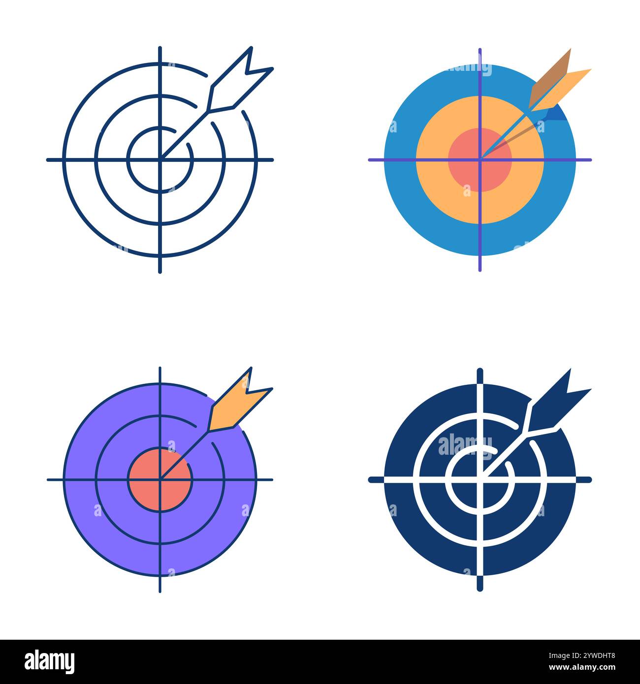 Icona di destinazione impostata in stile piatto e linea. Raggiungimento degli obiettivi, concentrazione. Illustrazione vettoriale Illustrazione Vettoriale