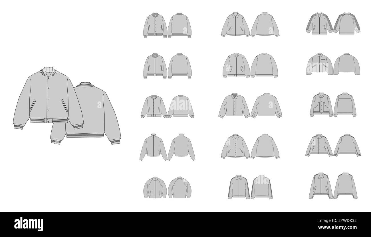 Set di giacca Varsity - Design di giacca Activewear con tasca - Giacche Moda illustrazione tecnica - Vista frontale e posteriore Cappotto invernale, uomo donna un Illustrazione Vettoriale