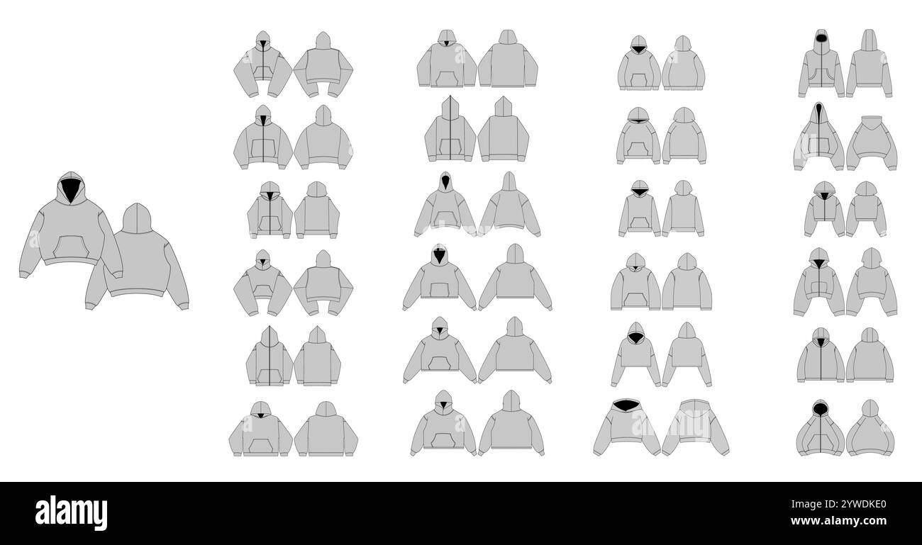 Collezione di felpe con cappuccio streetwear illustrazione tecnica di moda - modelli di abbigliamento piatto con cappuccio e zip - Set di disegni tecnici di felpe con cappuccio con p. Illustrazione Vettoriale