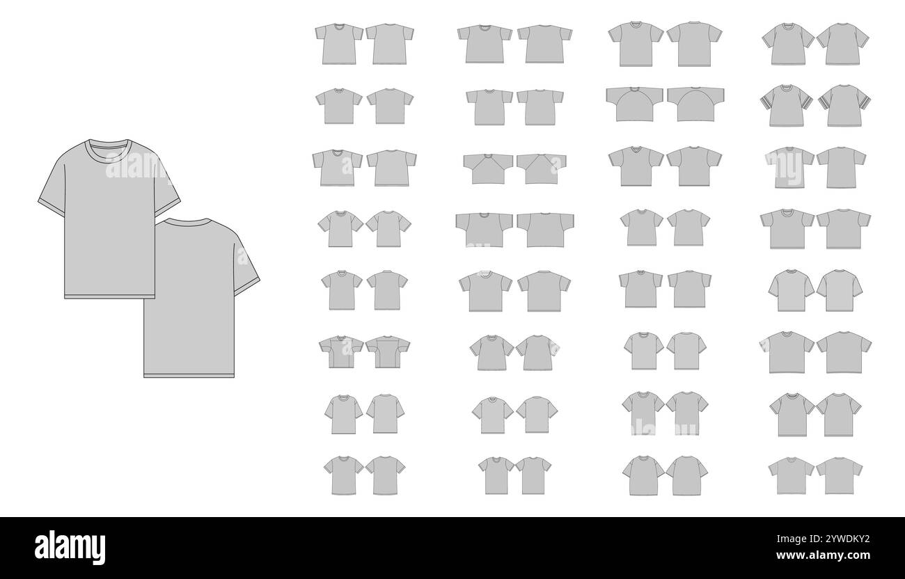 Set di diversi modelli di T-shirt - disegno tecnico piatto di magliette di base design di magliette con scollo a V - T-shirt boxy illustrazione tecnica - Te aderente Illustrazione Vettoriale