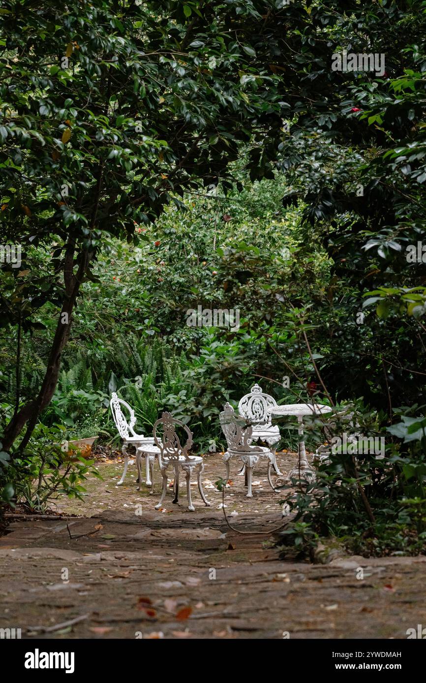 Mobili in metallo per esterni, set vintage. Tavolo rotondo e quattro sedie bianche. Pranzo nel cortile, circondato da alberi. Area relax nel gar Foto Stock
