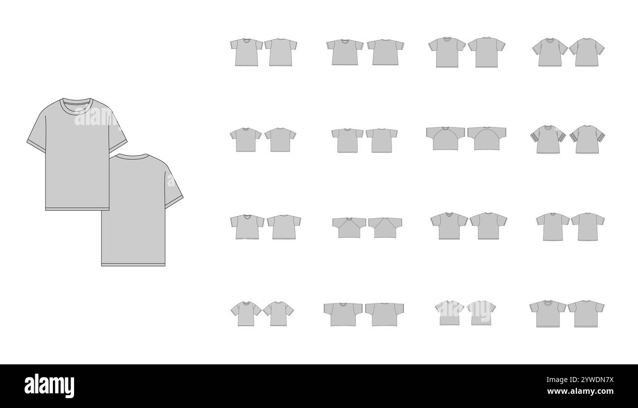 Set di diversi modelli di T-shirt - disegno tecnico piatto di magliette di base design di magliette con scollo a V - T-shirt boxy illustrazione tecnica - Te aderente Illustrazione Vettoriale Set di diversi modelli di T-shirt - disegno tecnico piatto di magliette di base design di magliette con scollo a V - T-shirt boxy illustrazione tecnica - Te aderente Illustrazione Vettoriale