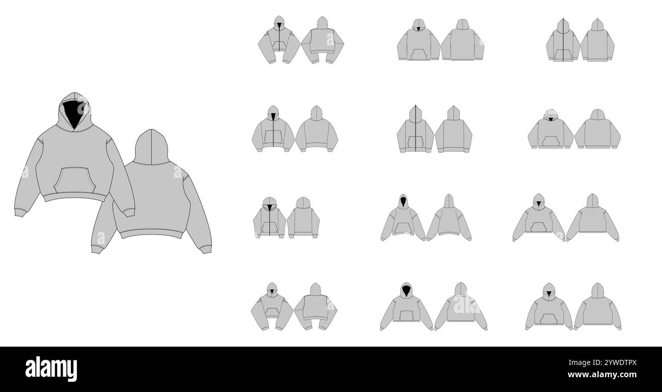 Collezione di felpe con cappuccio streetwear illustrazione tecnica di moda - modelli di abbigliamento piatto con cappuccio e zip - Set di disegni tecnici di felpe con cappuccio con p. Illustrazione Vettoriale