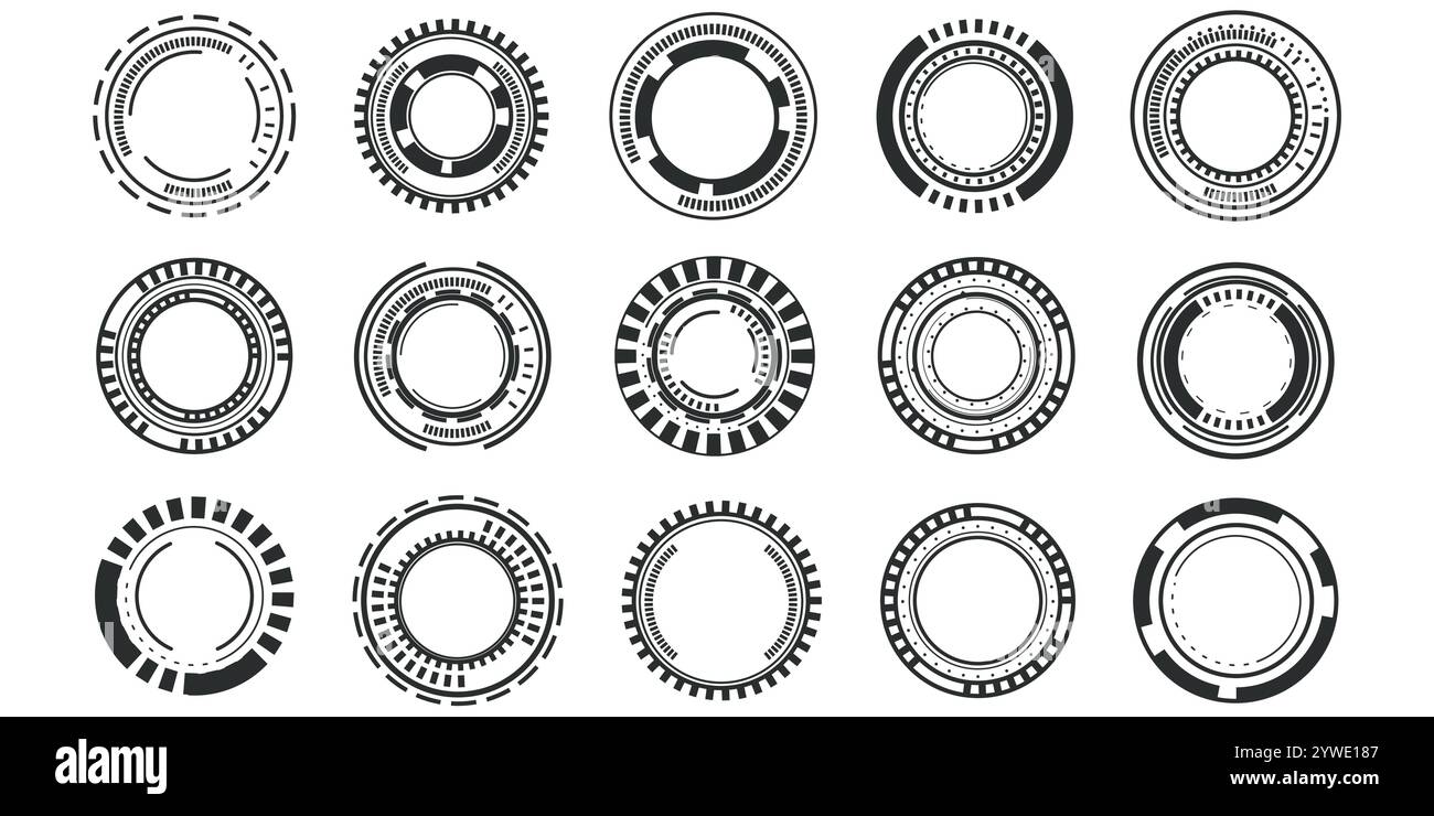 Puntatore di puntamento HUD bersaglio ottico, indicatori futuristici del raggio di messa a fuoco, mirino laser collimatore. Cecchino di misurazione per pistola cecchino. Elemento ui design interfaccia di gioco. Illustrazione vettoriale Illustrazione Vettoriale