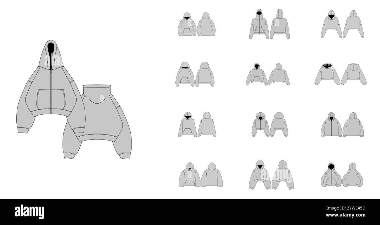 Collezione di felpe con cappuccio streetwear illustrazione tecnica di moda - modelli di abbigliamento piatto con cappuccio e zip - Set di disegni tecnici di felpe con cappuccio con p. Illustrazione Vettoriale