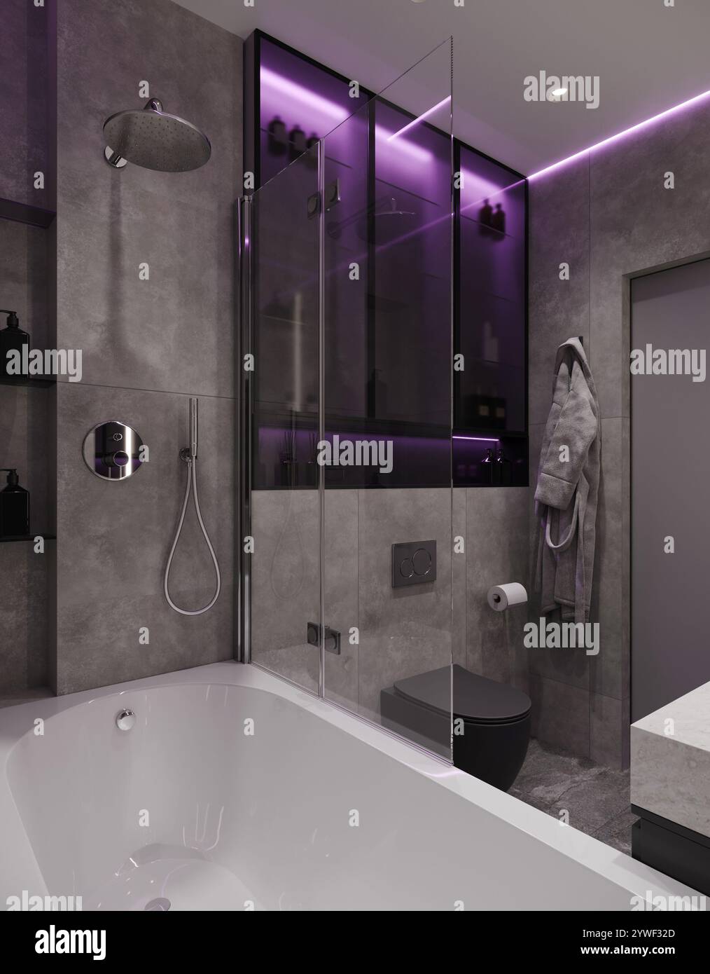 Visualizzazione 3D di un moderno bagno grigio minimalista con illuminazione a LED viola e design elegante Foto Stock