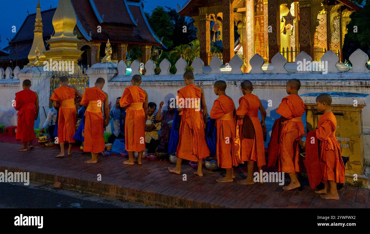 Monaci che raccolgono elemosine al mattino a Luang Prabang, Laos Foto Stock