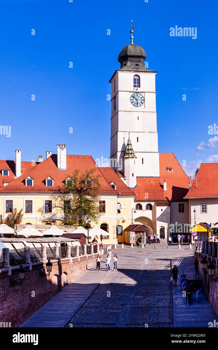 La Torre del Consiglio nella città vecchia di Sibiu, Transilvania, Romania Foto Stock