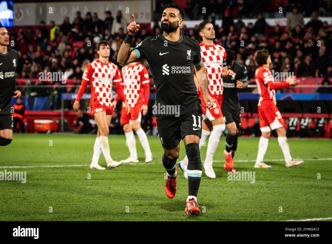 Girona, Spagna, Spagna. 10 dicembre 2024. Mohamed SALAH del Liverpool celebra il suo gol durante la partita di UEFA Champions League, fase MD6 tra il Girona FC e il Liverpool allo stadio Montilivi il 10 dicembre 2024 a Girona, Spagna. (Credit Image: © Matthieu Mirville/ZUMA Press Wire) SOLO PER USO EDITORIALE! Non per USO commerciale! Foto Stock