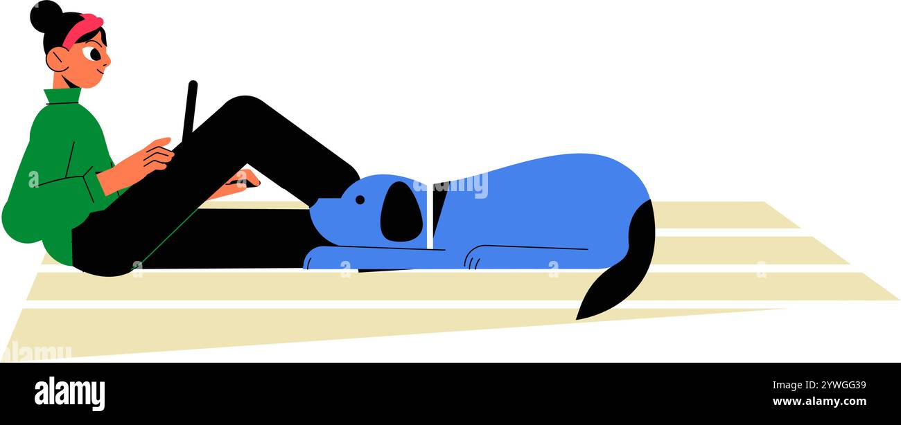 Donna seduta con cane in Flat Vector illustrazione che simboleggia relax, compagnia e tempo libero, isolata su sfondo bianco. Illustrazione Vettoriale