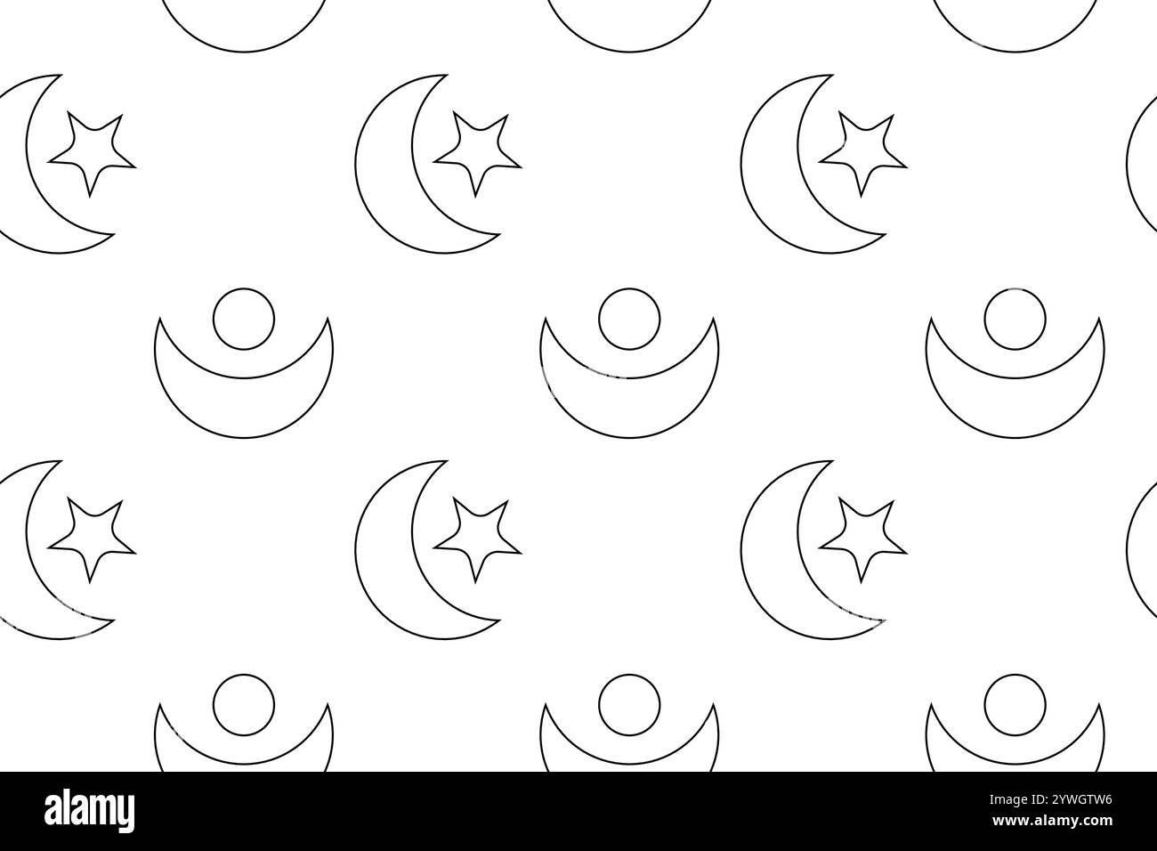 Motivo monocromatico ripetuto con lune mezzalune, stelle e cerchi in uno stile minimalista con contorno nero. Illustrazione Vettoriale