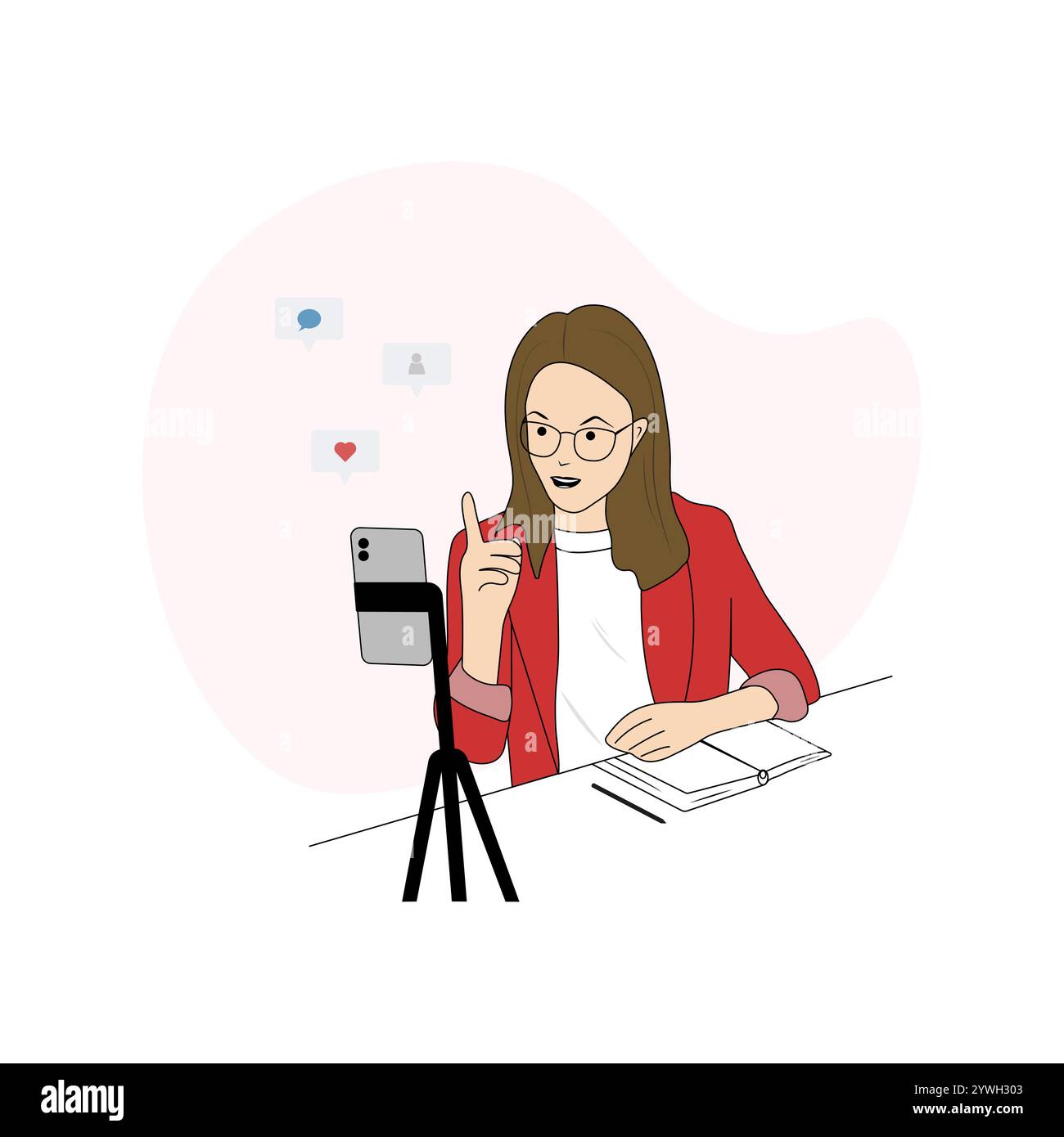 Una blogger donna di fronte a una fotocamera per smartphone, che registra un video, scatta una foto. Un blog video trasmesso in diretta visualizzato sullo schermo del telefono cellulare. BL Illustrazione Vettoriale