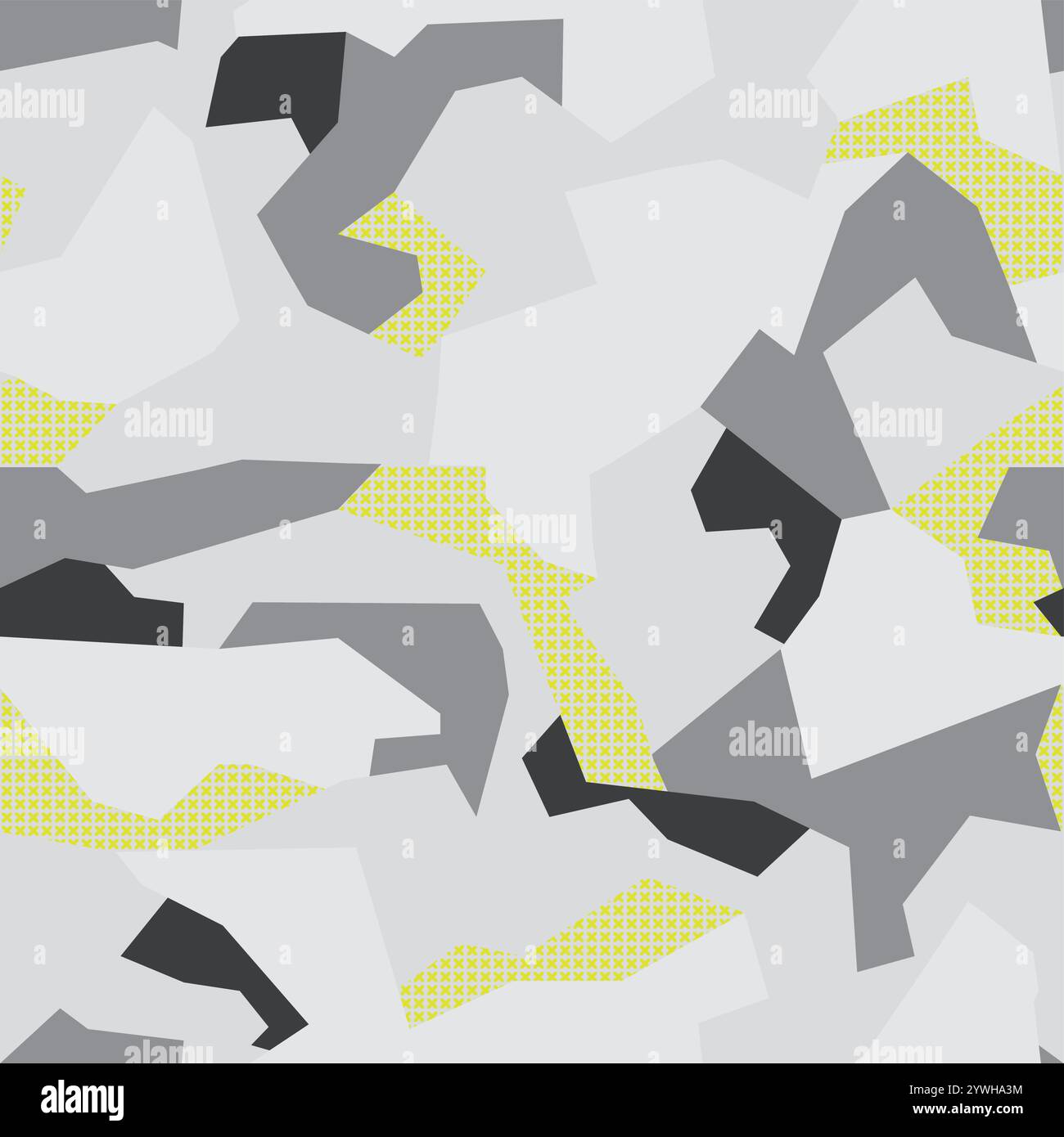 Motivo camouflage urbano senza cuciture. Combinazione di forme poligonali in bianco come colore dominante, con alcune forme caratterizzate da una trama a X gialla Illustrazione Vettoriale