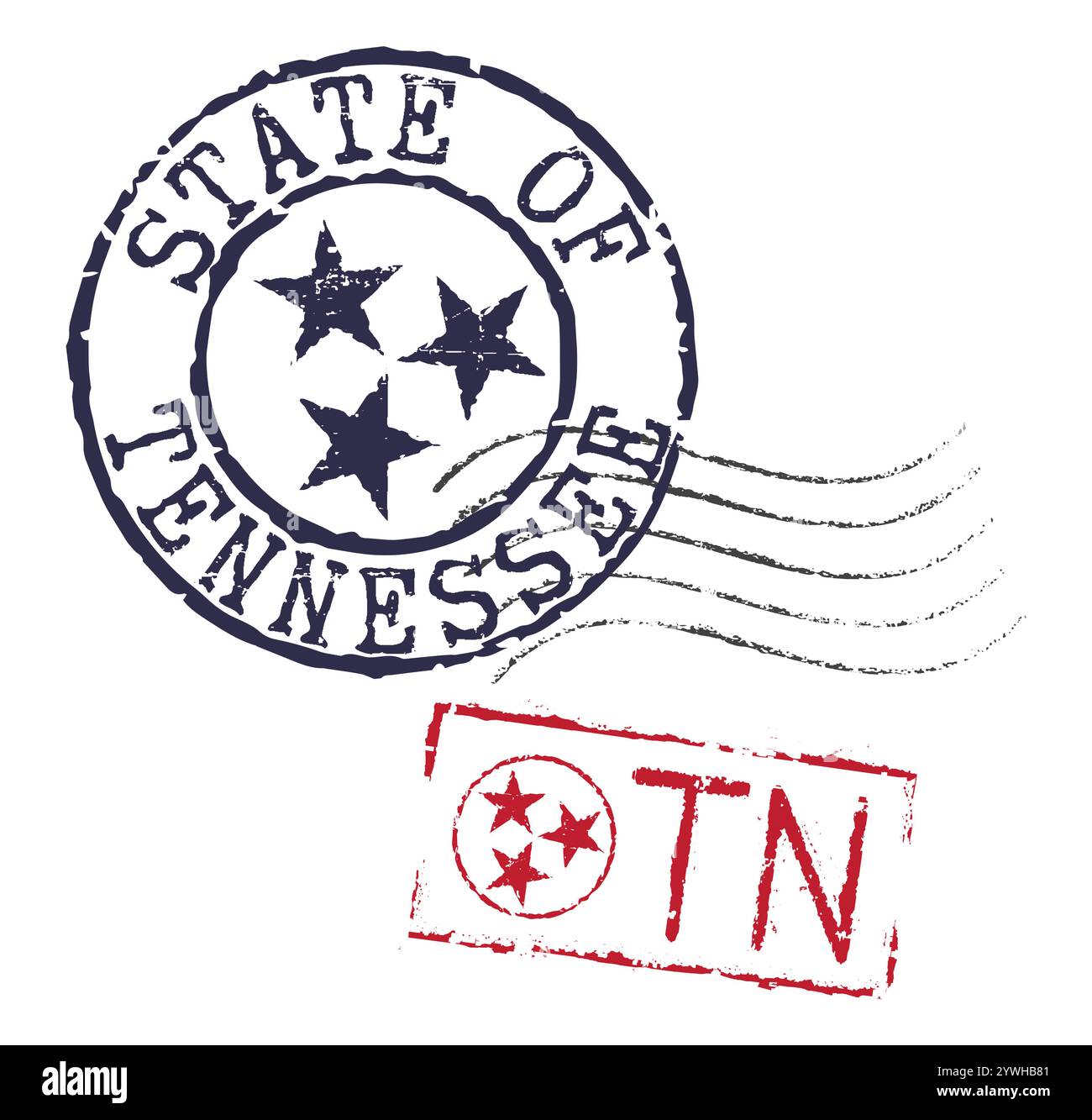 Timbri postali codice postale DELLO STATO DEL TENNESSEE e TN, insieme al simbolo dello stato a tre stelle. Sigilli retrò per buste lettera, biglietti di auguri, pas Illustrazione Vettoriale
