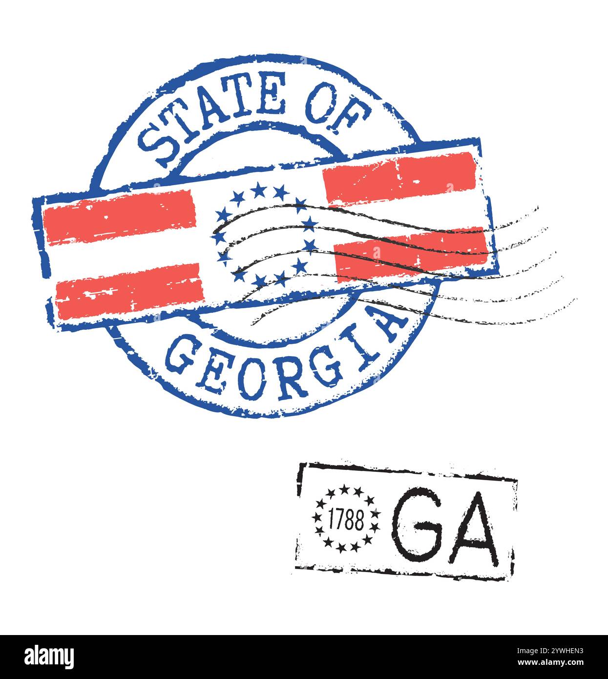 Timbri postali STATE OF GEORGIA e l'abbreviazione del codice postale GA, insieme al simbolo dello stato. Sigilli retrò per buste lettera e biglietti d'auguri. Illustrazione Vettoriale