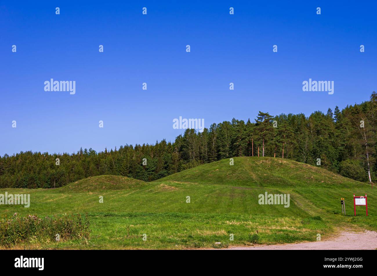 Il tumulo sepolcrale di Grönehög, non lontano dal cimitero di Blomsholm, è un sito archeologico della prima età del ferro vicino a Strömstad a Bohuslän, in Svezia. Foto Stock