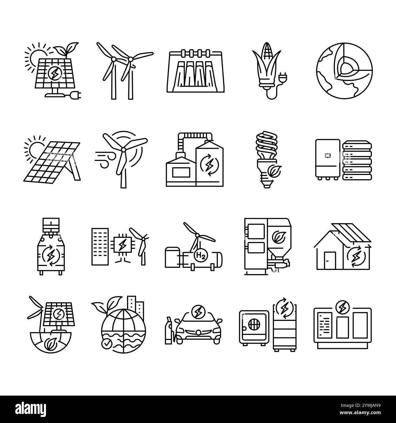 Set icone linea nera energia rinnovabile. Elemento isolato vettoriale. Traccia modificabile. Illustrazione Vettoriale
