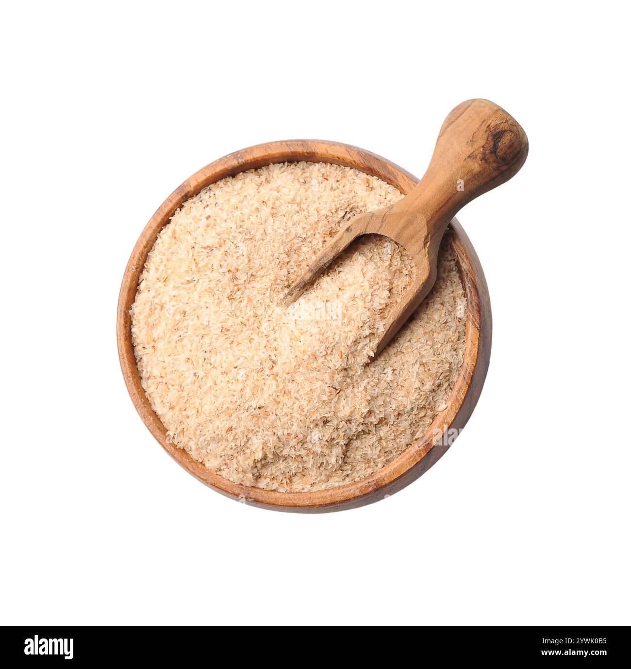 Bucce di psico in piatto di legno su sfondi bianchi. Vista dall'alto Foto Stock